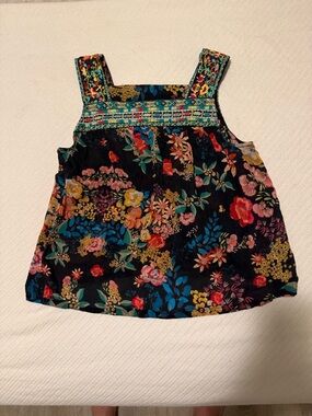 Johnny Was Black Floral Embroidered Tank with Teal Trim